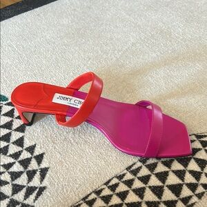 Jimmy Choo Pink and Red Heels with Open-Toe Design